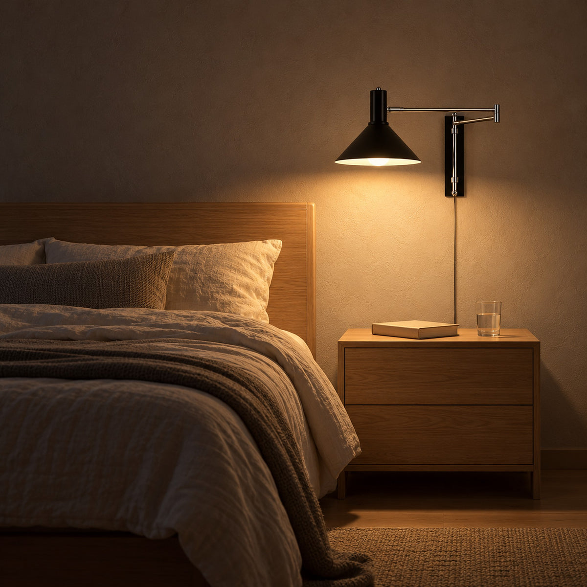 Lomaresi Black plug in wall lamp lit beside a bed, cord above a wooden nightstand with a book and water glass