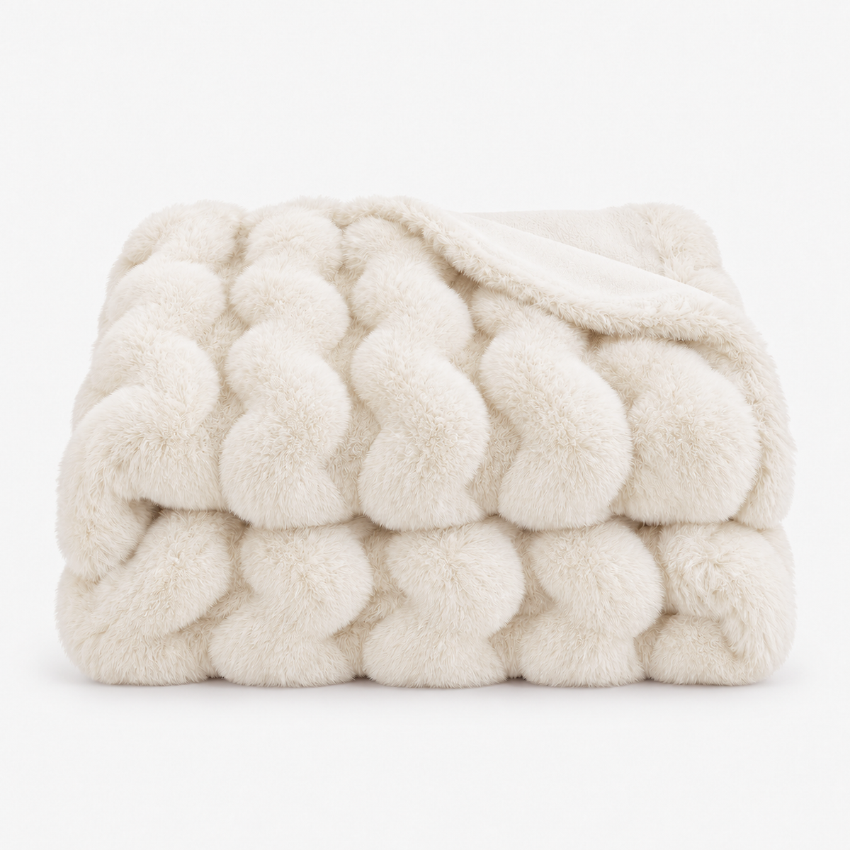 Lomarsi ivory cream faux fur throw blanket folded on a plain white background #color_ivory cream