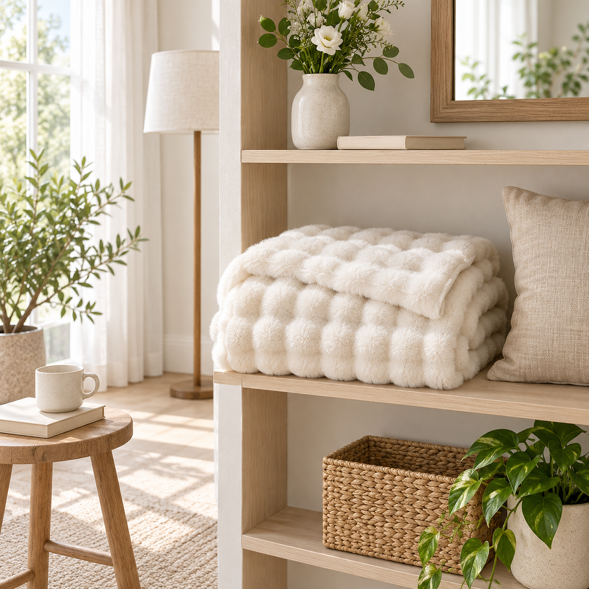 Lomarsi ivory cream soft throw blanket folded and stored on a shelf in a bright storage nook #color_ivory cream