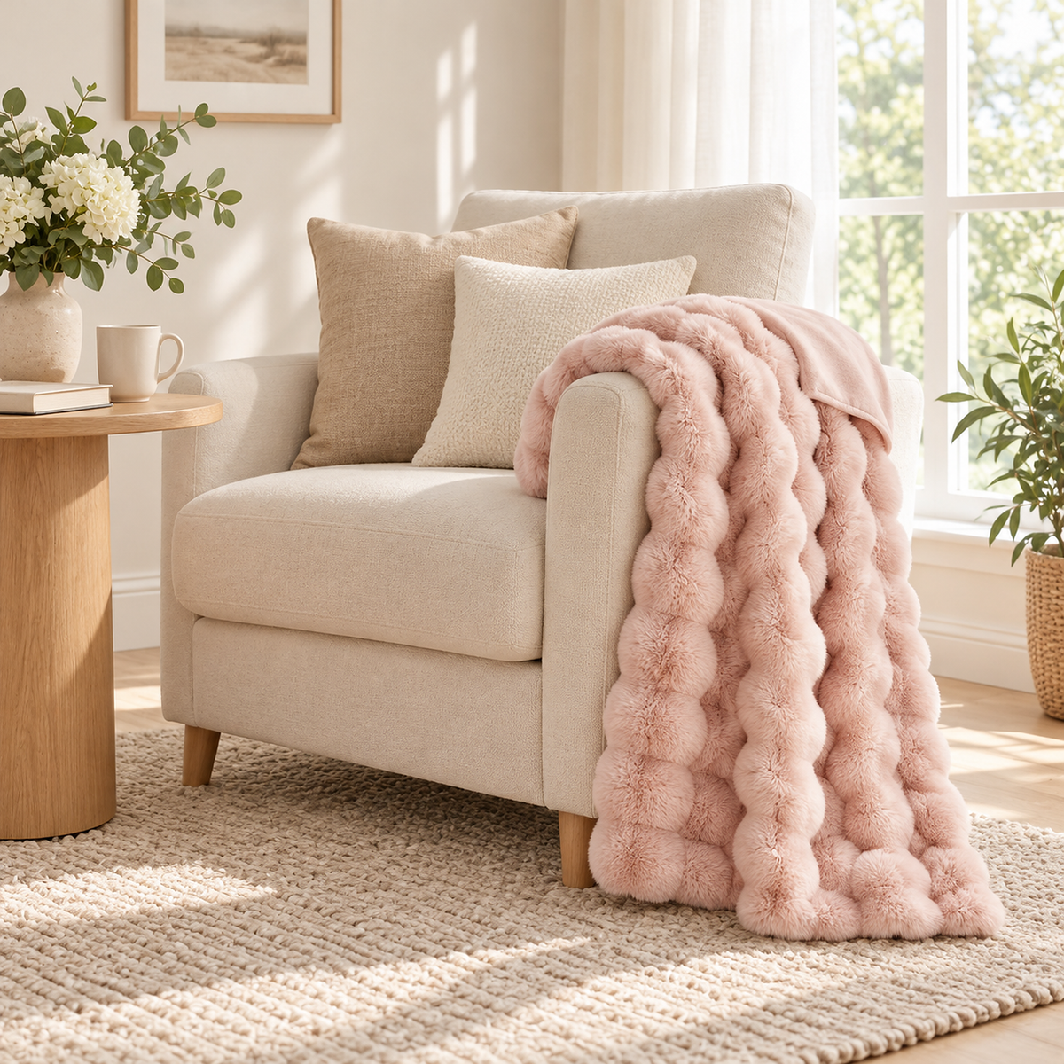 Lomarsi rose blush faux fur throw blanket folded in a bright reading corner with an armchair and side table