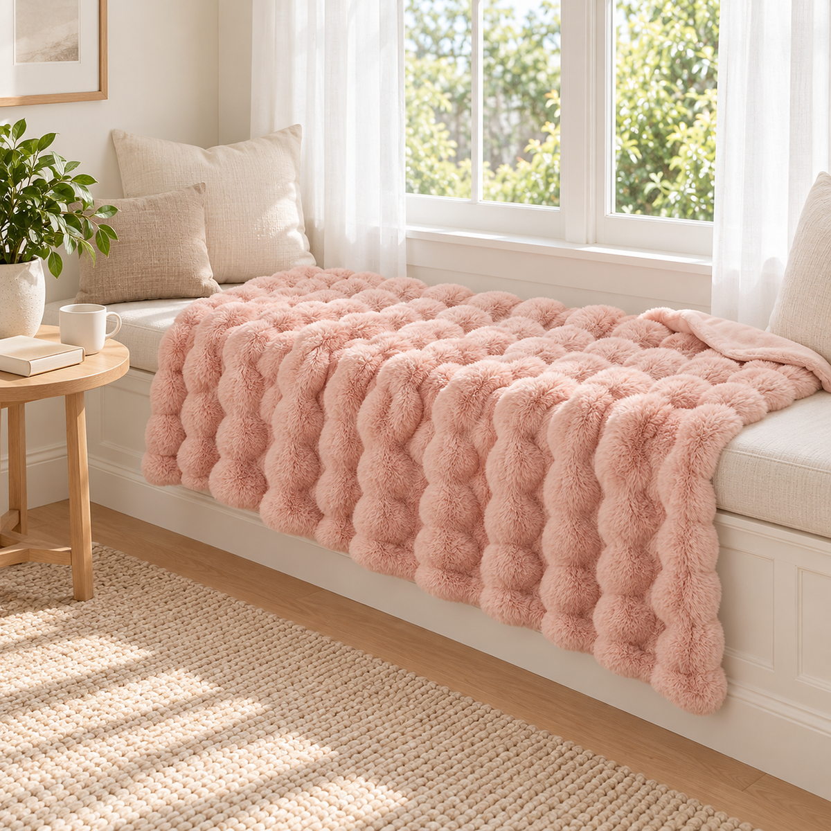 Lomarsi rose blush plush throw blanket opened across a bright upstairs window seat