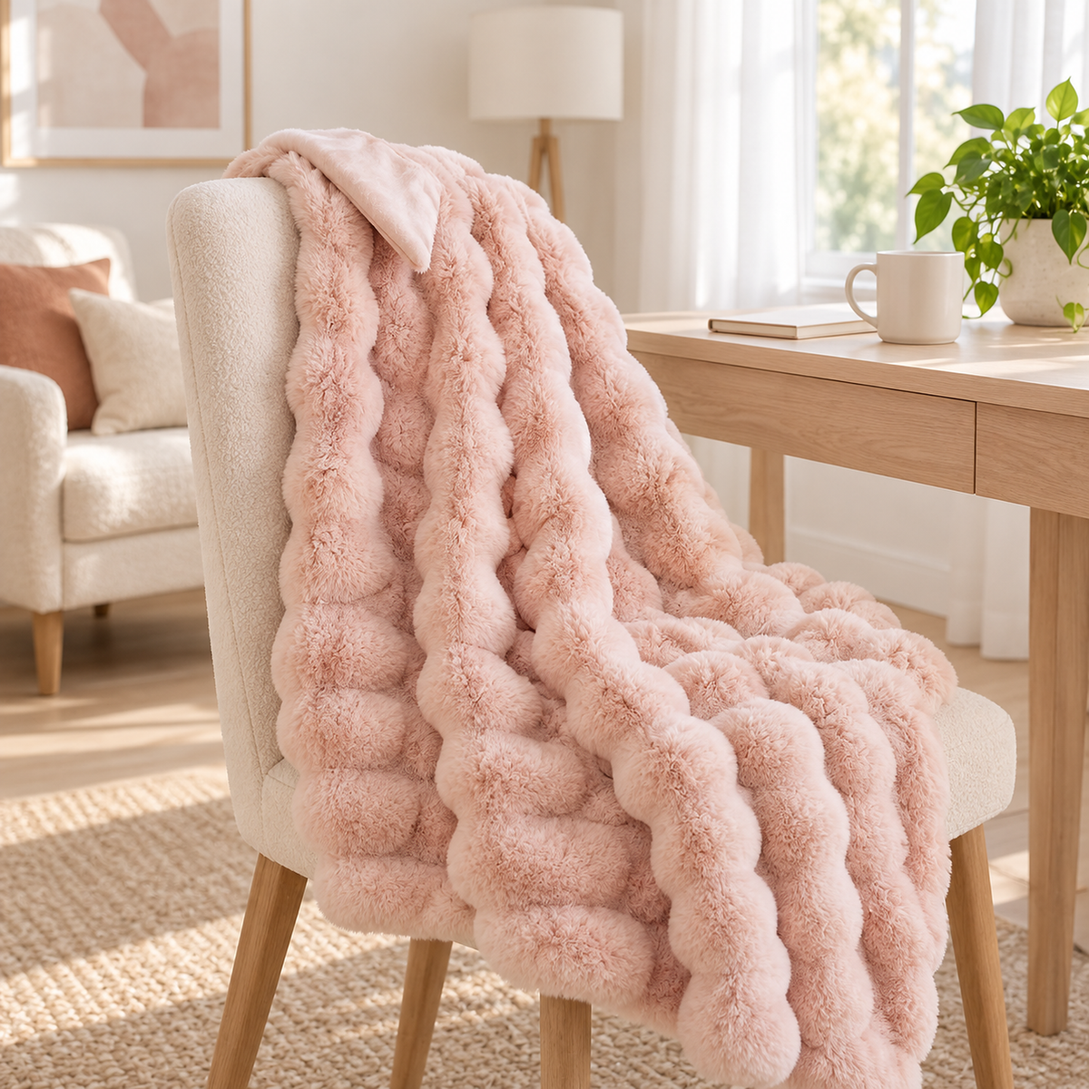 Lomarsi rose blush plush throw blanket with its outer corner draped over an ivory chair