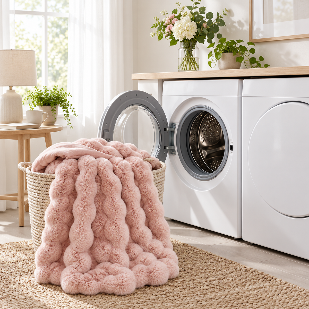 Lomarsi rose blush throw blanket beside a washing machine, ready for a cold machine wash