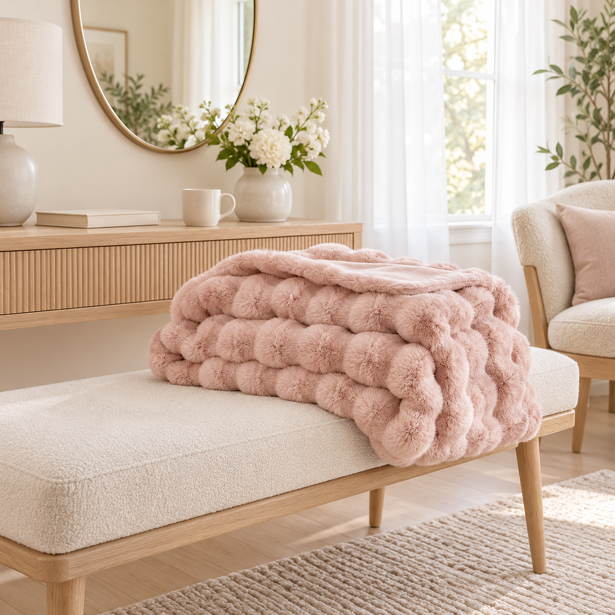 Lomarsi rose blush throw blanket folded in a bright dressing room, showing its natural thickness