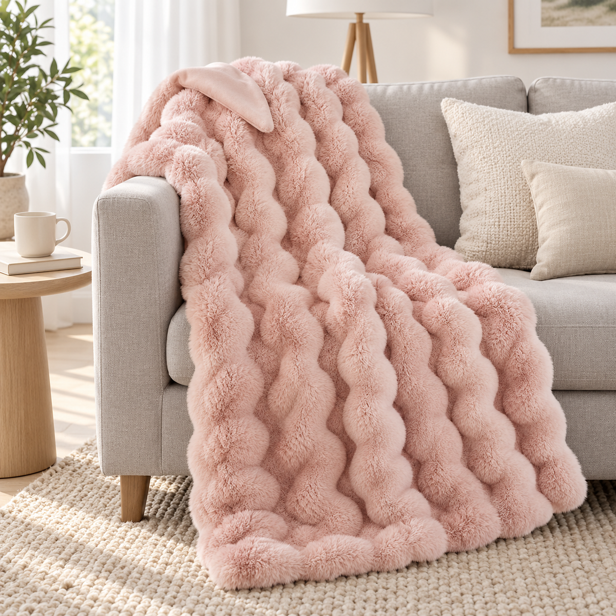 Lomarsi rose blush throw blanket for couch draped over a loveseat in a bright main sitting room