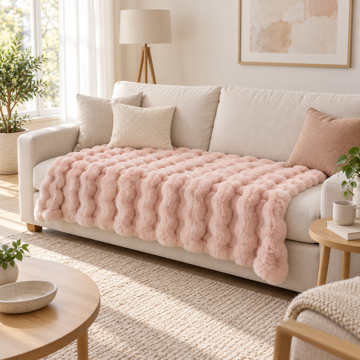 Lomarsi rose blush throw blanket for couch spread across white sofa seat cushions in a living room
