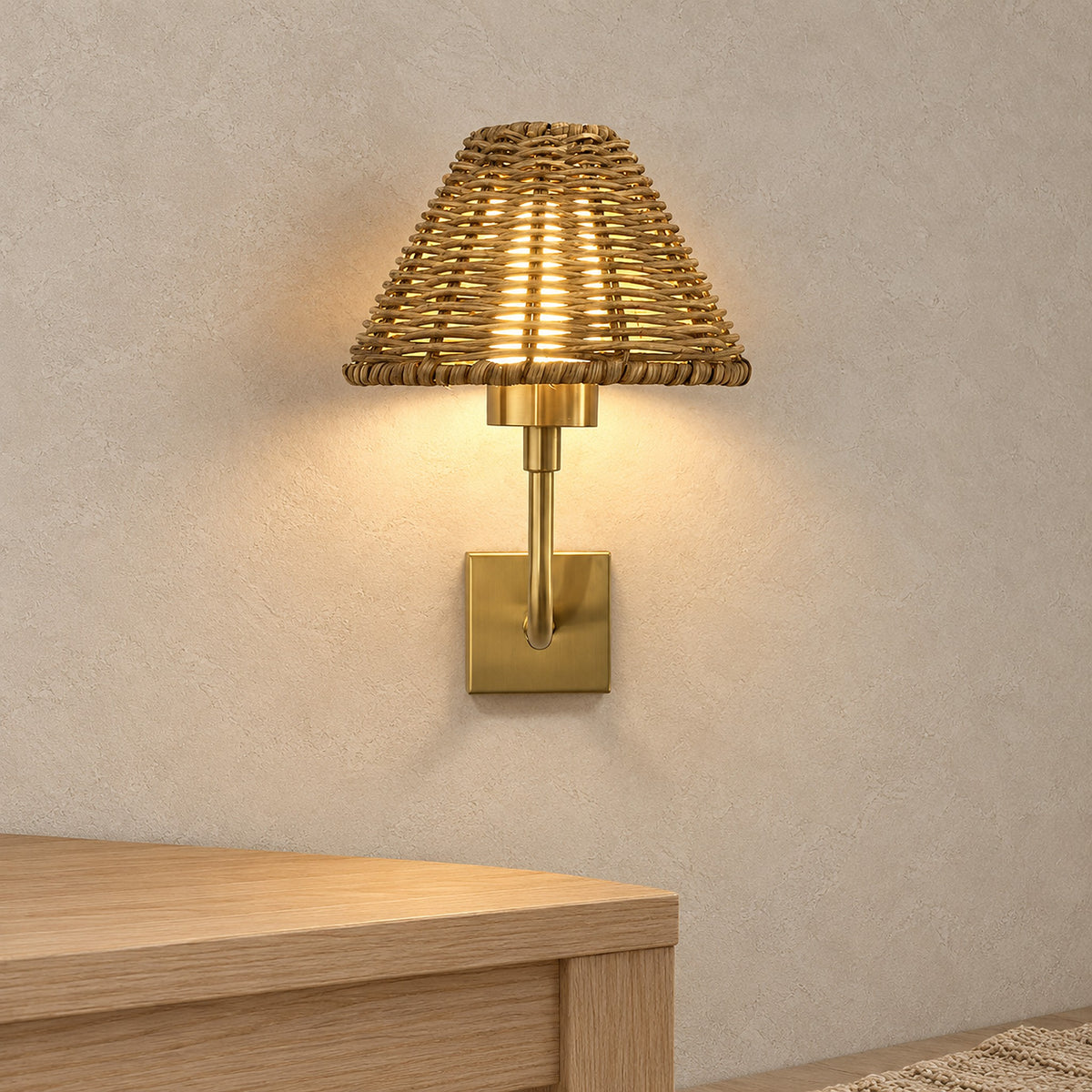 Lomarvi gold cordless wall lamp glowing warm white above an entryway console in daylight