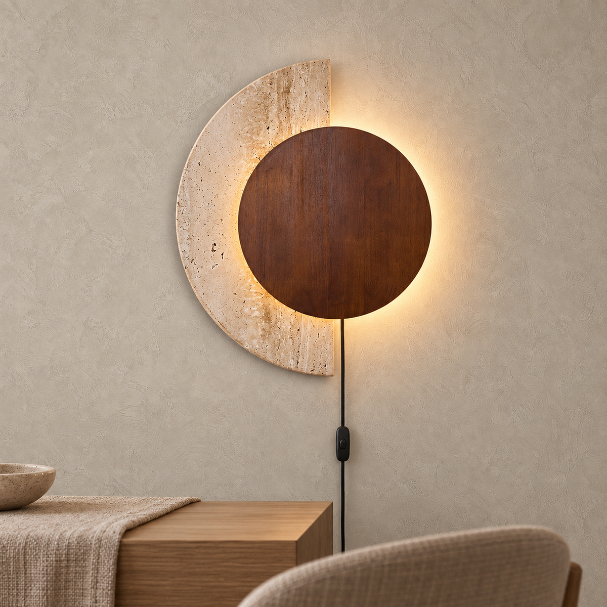 Lomavo walnut LED wall sconce glowing above a dining room console in daylight