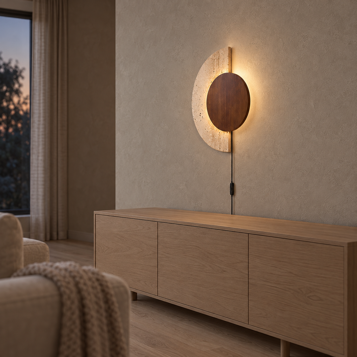 Lomavo walnut LED wall sconce lit above a clear sideboard showing its shallow profile