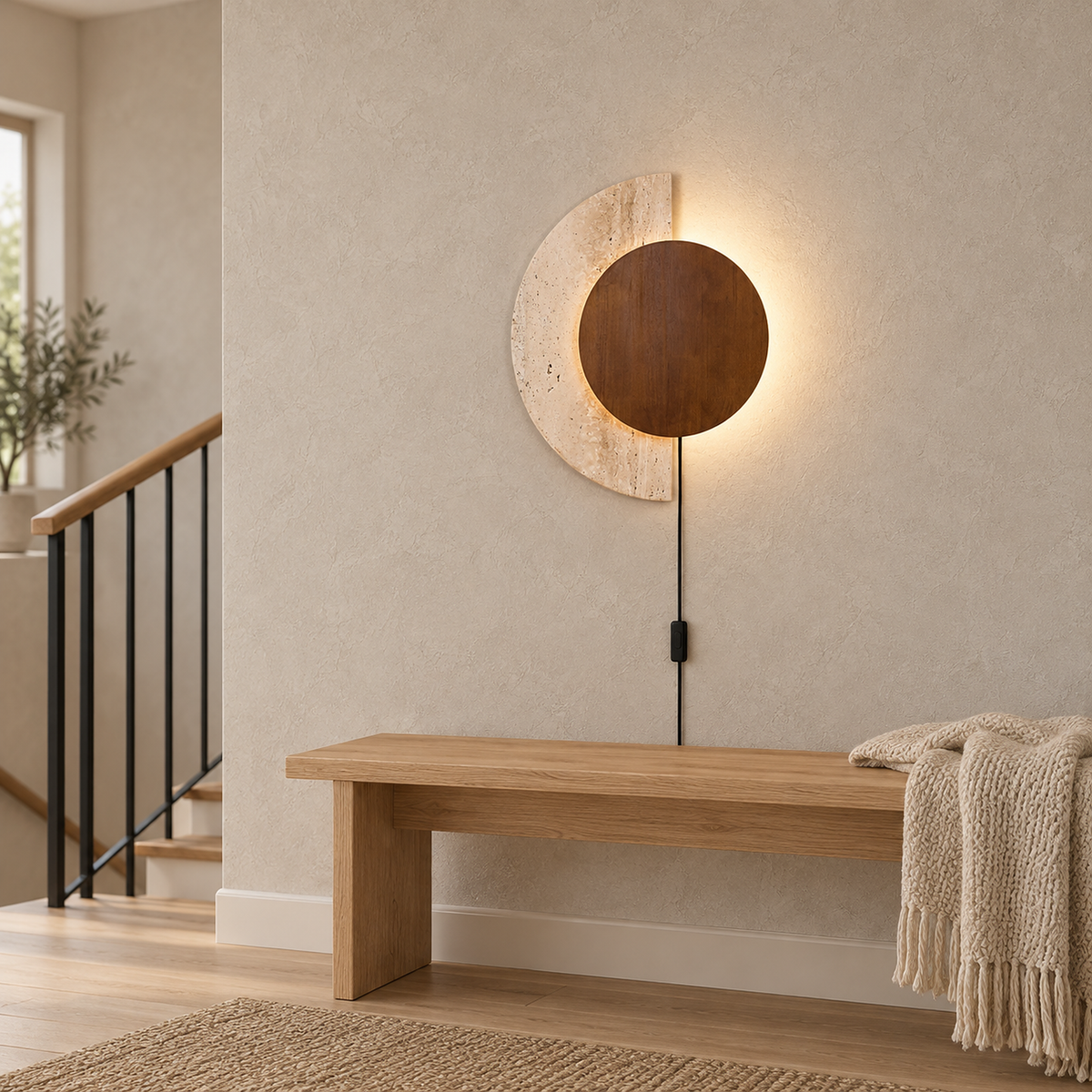 Lomavo walnut plug in wall sconce lit above a landing bench with its cord running down the wall