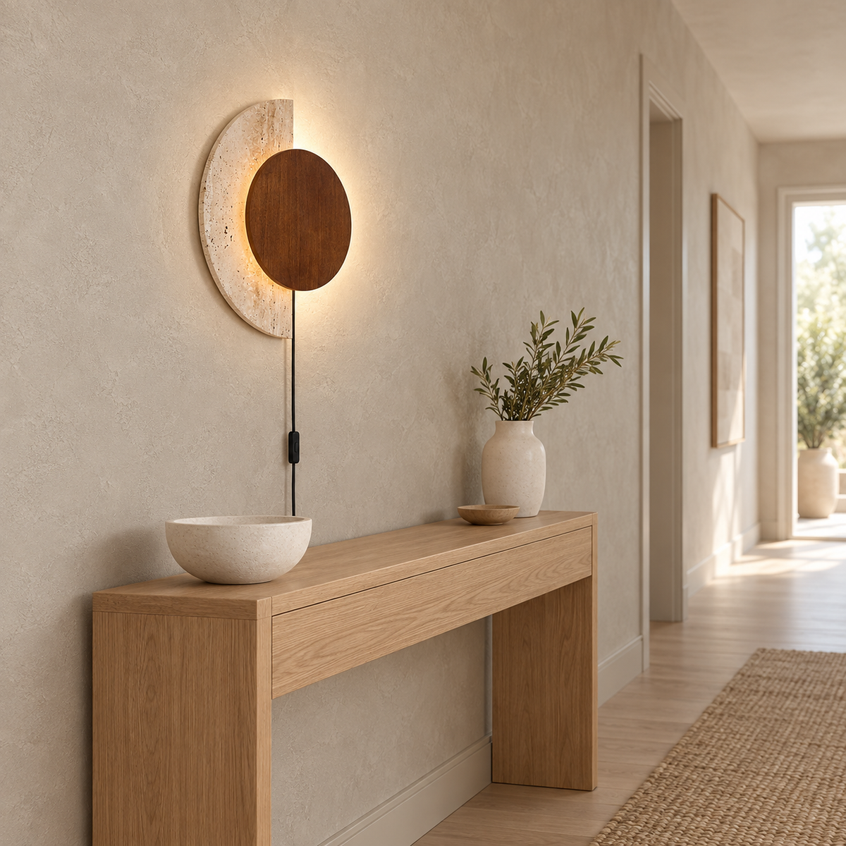 Lomavo walnut plug in wall sconce lit in a hallway with cord and inline switch showing