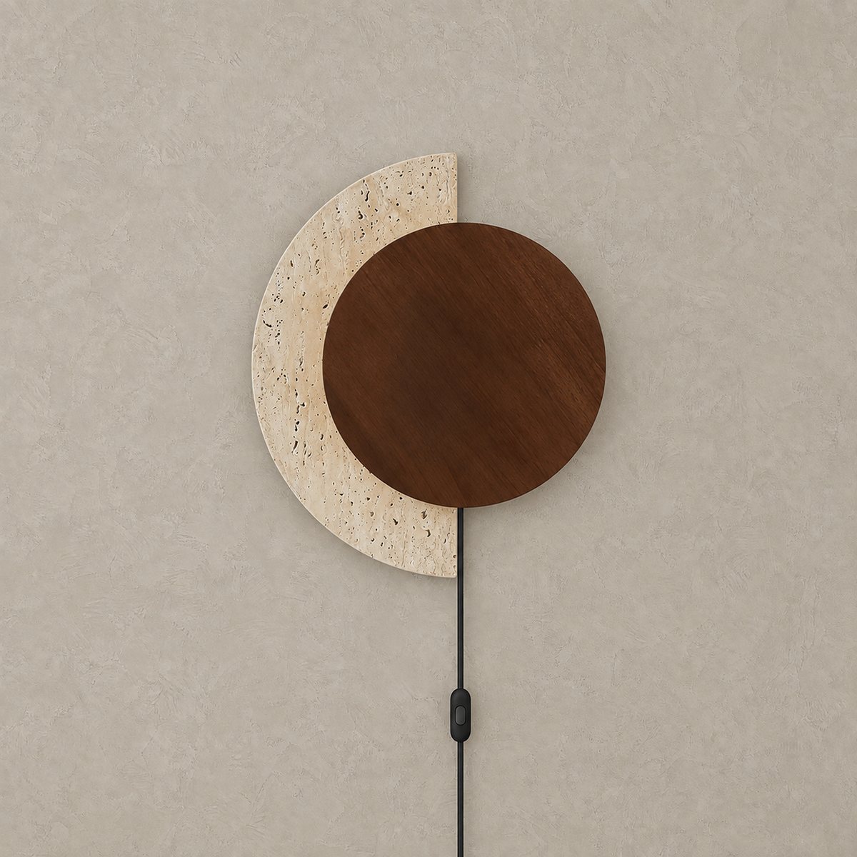 Lomavo walnut plug in wall sconce unlit with offset disc over yellow travertine