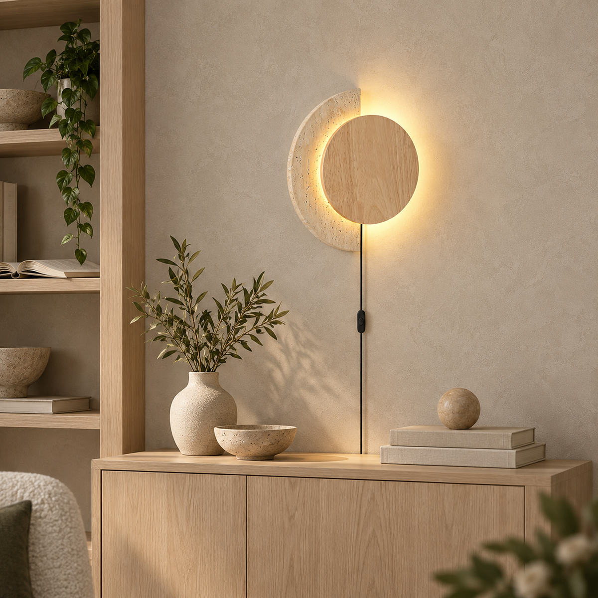 Lomavo wood color LED wall sconce glowing above a library console in daylight #color_wood