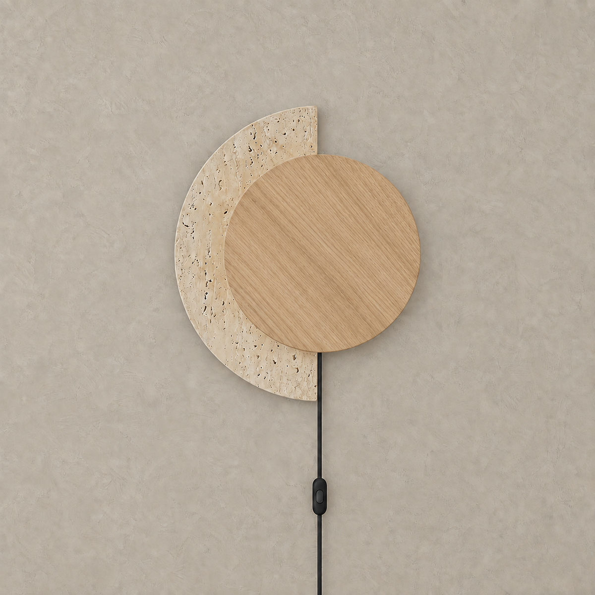 Lomavo wood color plug in wall sconce shown unlit against a warm plaster wall #color_wood