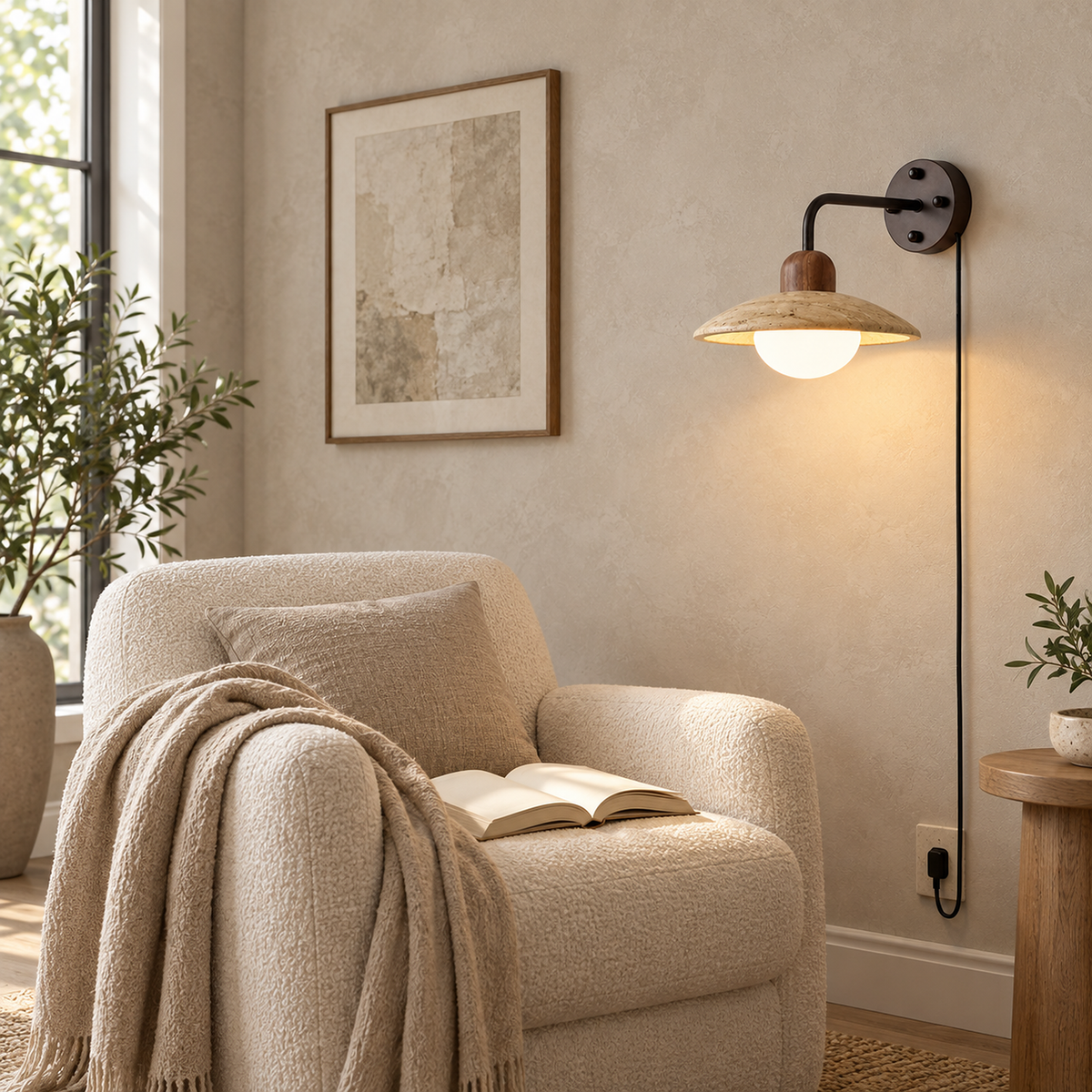 Lomiseta black and yellow travertine wall sconce lighting a chair in soft daylight #color_black & yellow travertine