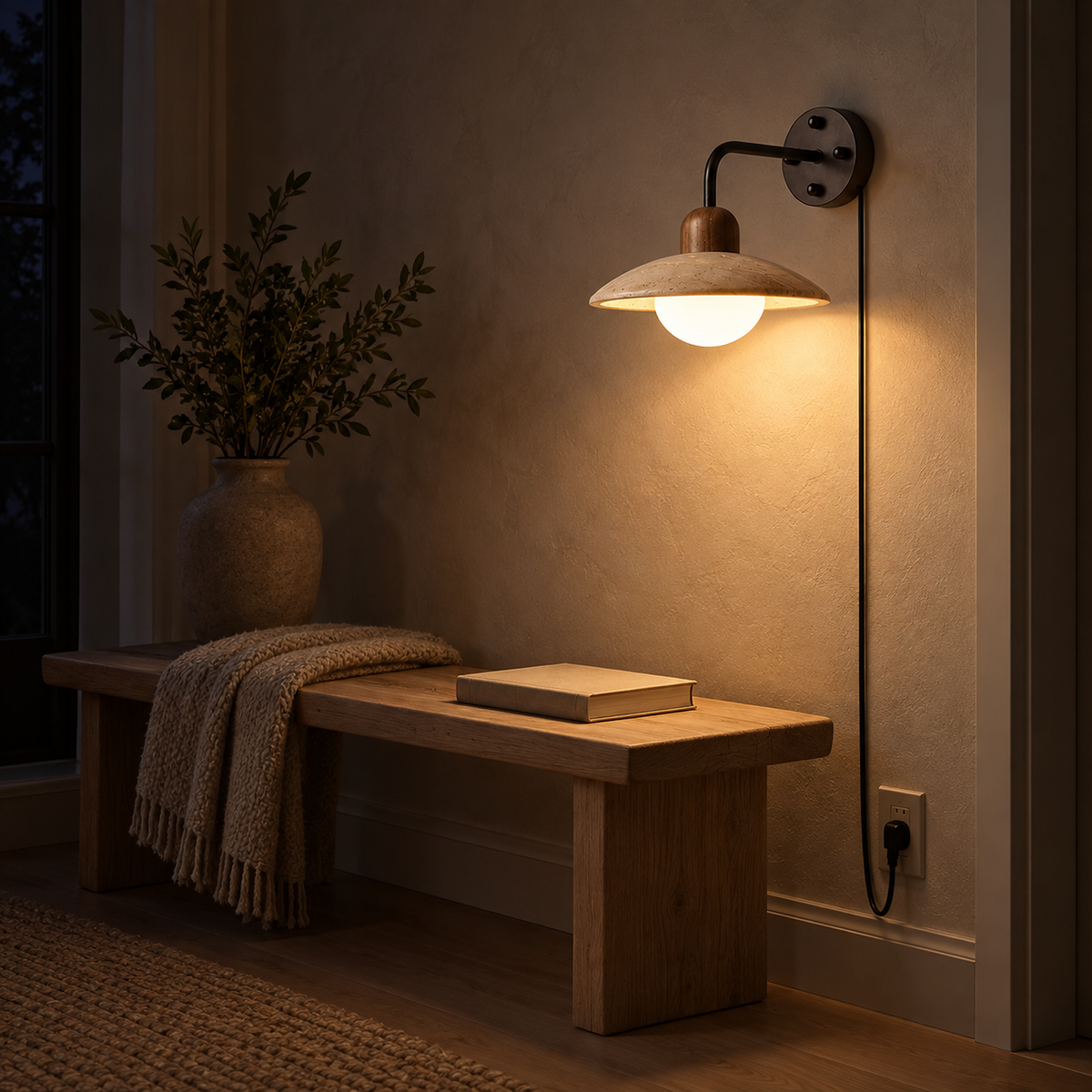 Lomiseta black and yellow travertine plug in wall sconce lighting a bench in an entry alcove after dark #color_black & yellow travertine