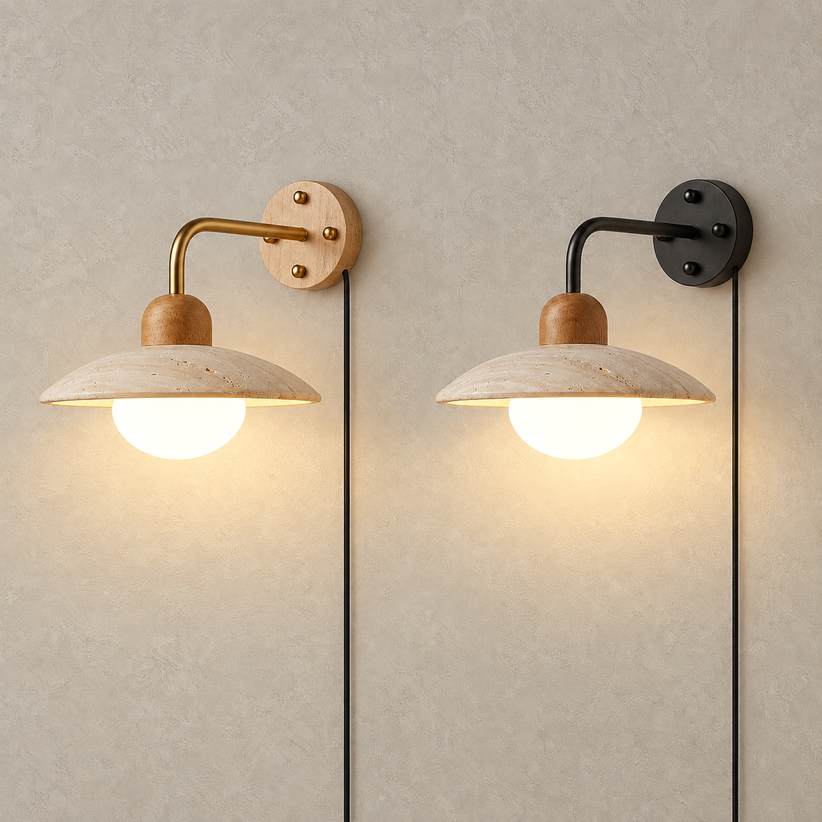 Lomiseta gold and yellow travertine and black and yellow travertine wall sconces lit side by side