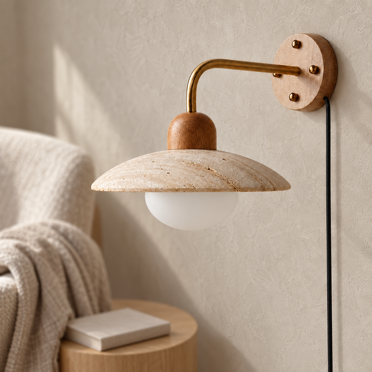 Lomiseta gold and yellow travertine wall sconce shade showing natural stone pits and veining