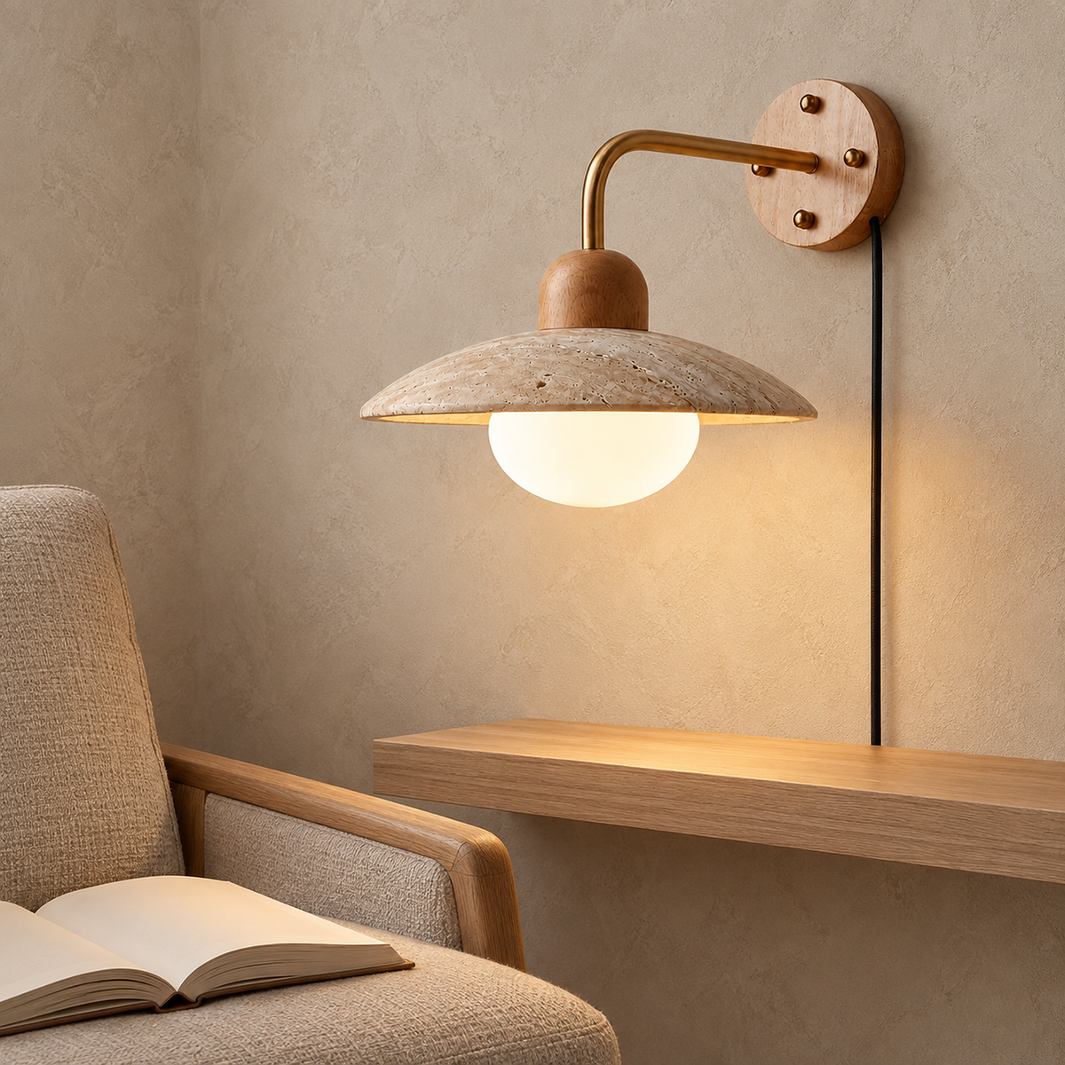 Lomiseta gold and yellow travertine wall sconce lighting a daylight reading corner beside an armchair