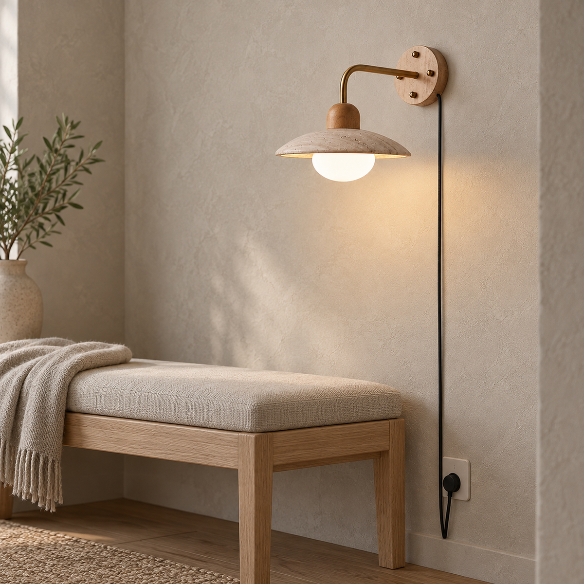 Lomiseta gold and yellow travertine plug in wall sconce showing its curved arm and wooden wall plate