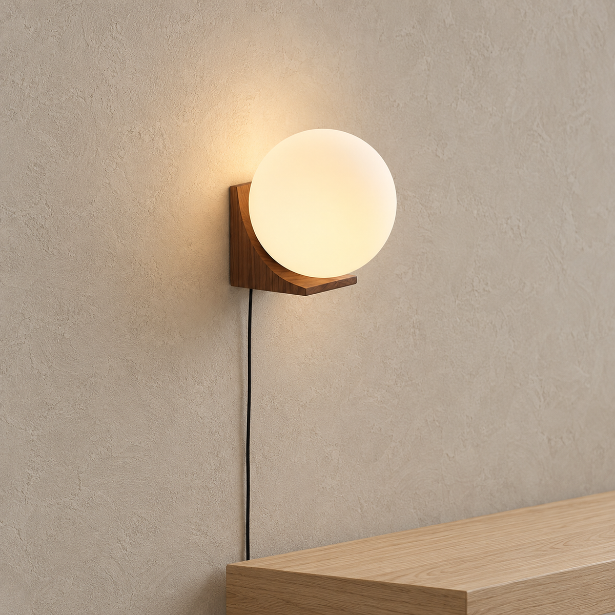 Lonavesi dark walnut & white plug in wall sconce glowing above a pale oak shelf corner #color_dark walnut & white