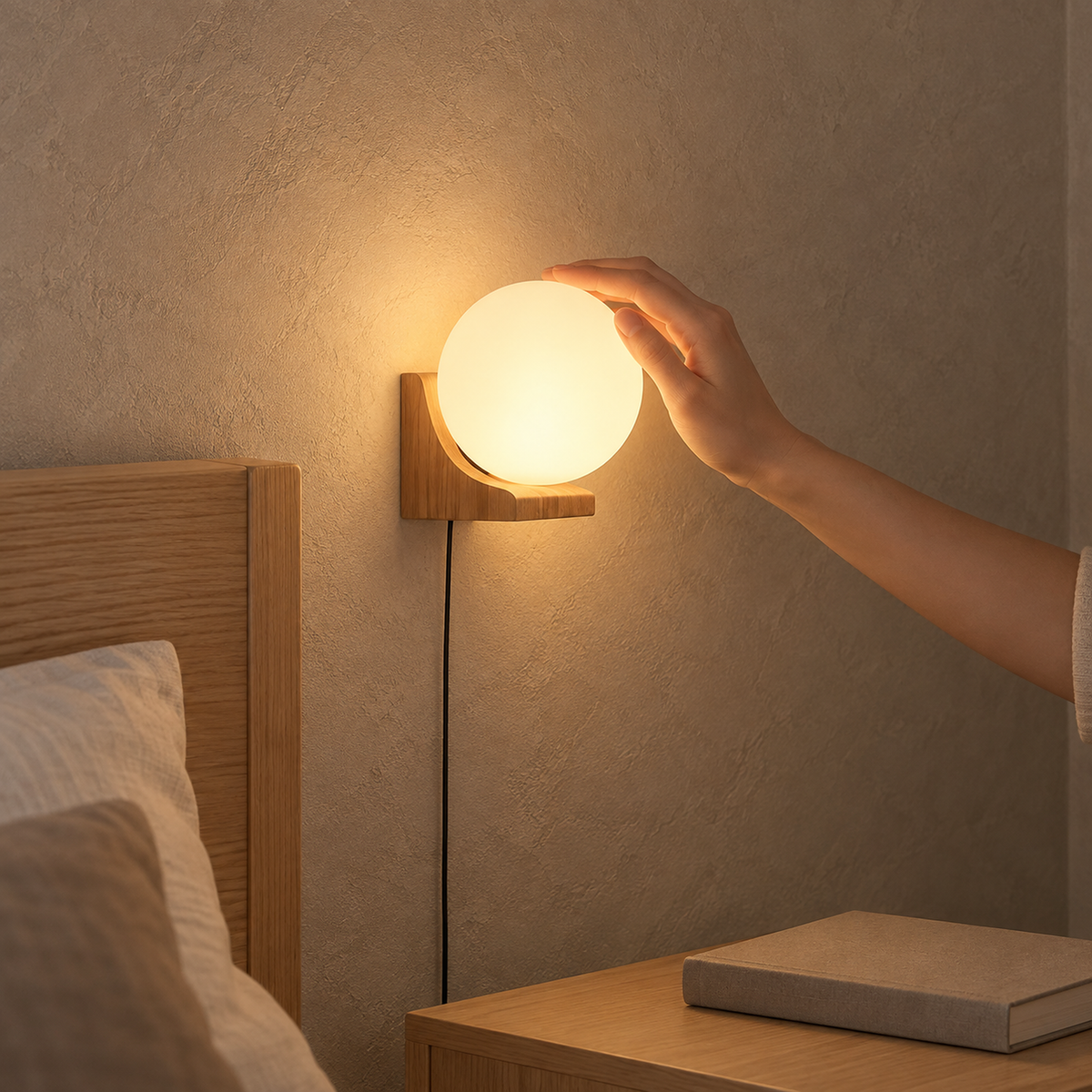 Lonavesi nature oak & white bedside lamp glowing beside a headboard in the main bedroom