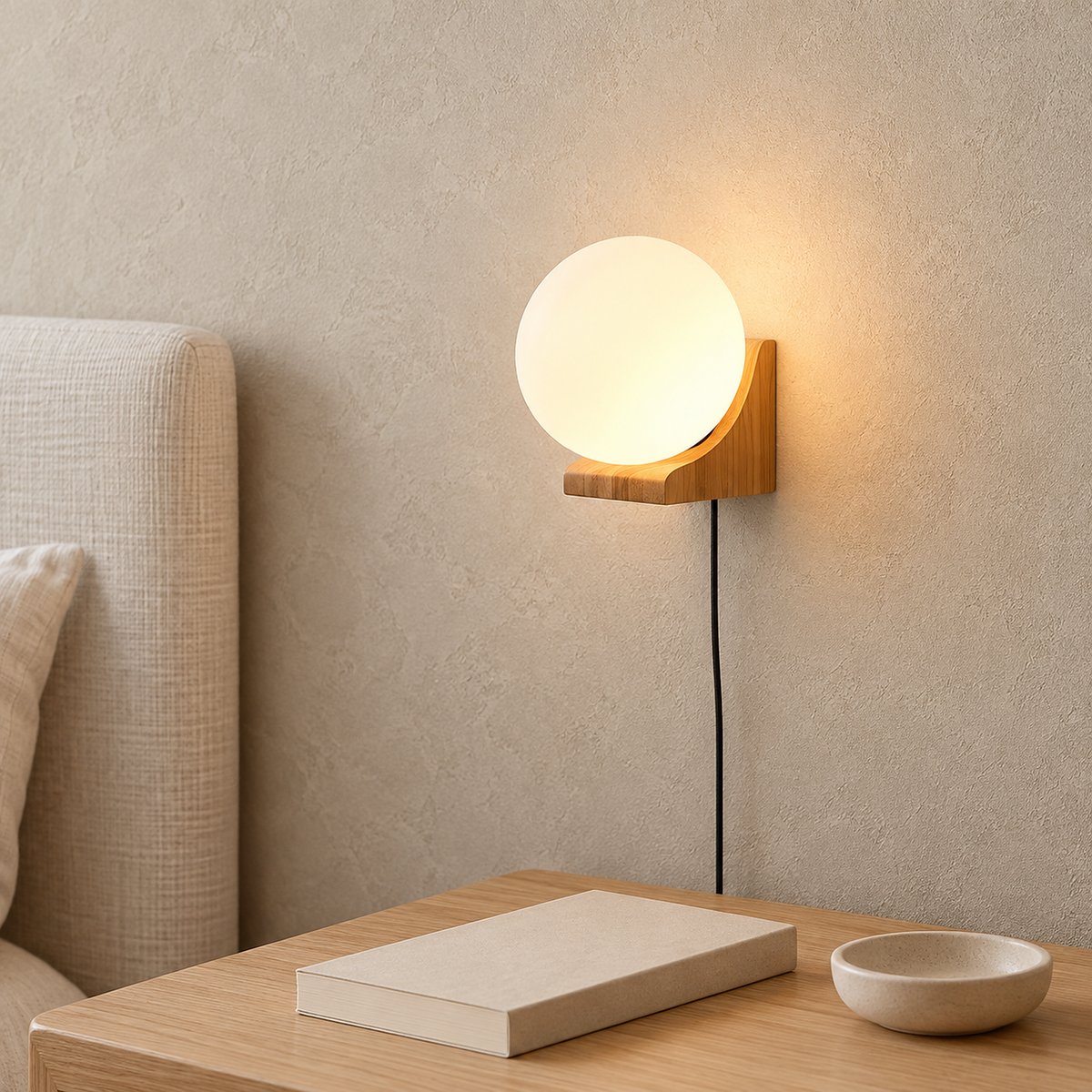 Lonavesi nature oak & white bedside wall light leaving the ledge below free for a book