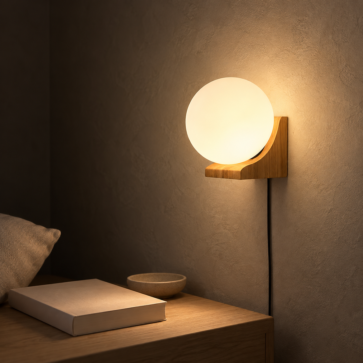Lonavesi nature oak & white wall sconce casting warm light on a bedside corner at night