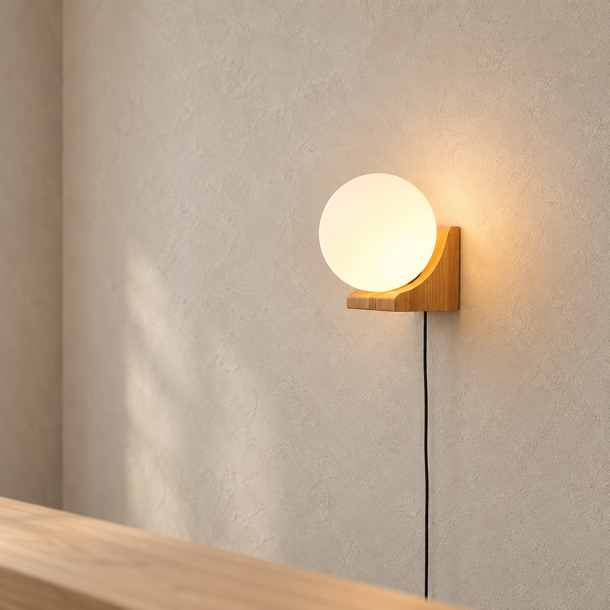 Lonavesi nature oak & white wall sconce showing its curved wood support and wall clearance