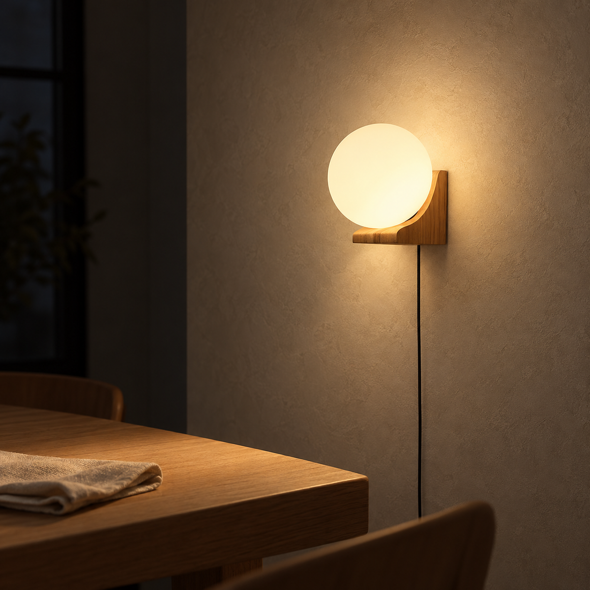 Lonavesi nature oak & white wall sconce spreading warm light over a dining nook at night
