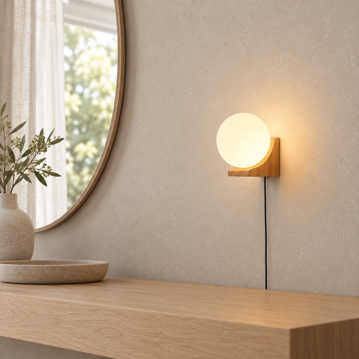 Lonavesi nature oak & white plug in wall sconce glowing with its cord running down the plaster
