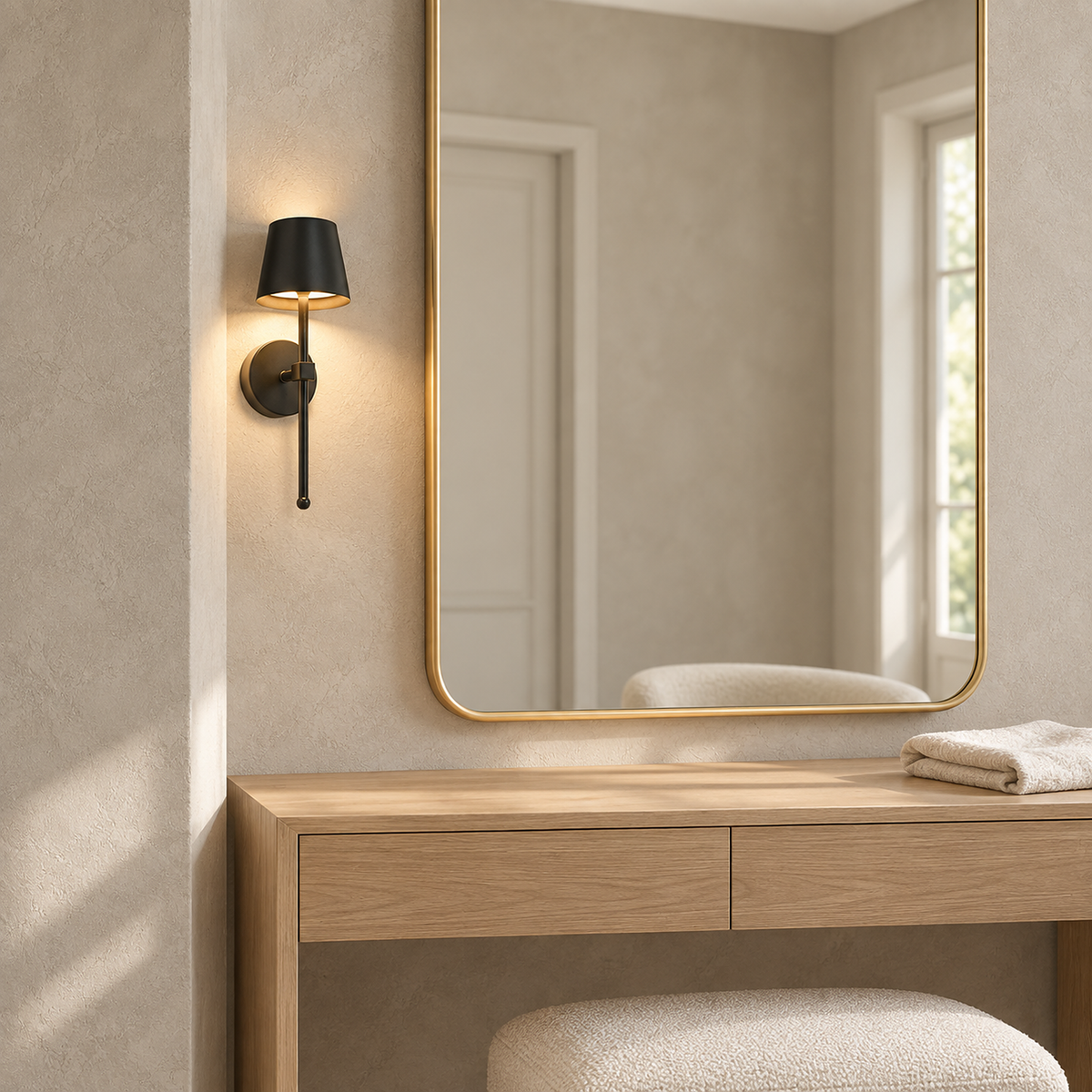 Loranno black battery operated wall sconce fitting a narrow wall beside a dressing room mirror