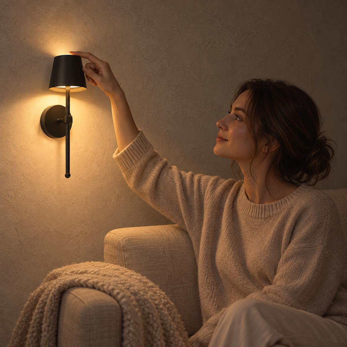 Loranno black battery operated wall sconce touched at the top control beside an oatmeal sofa at night