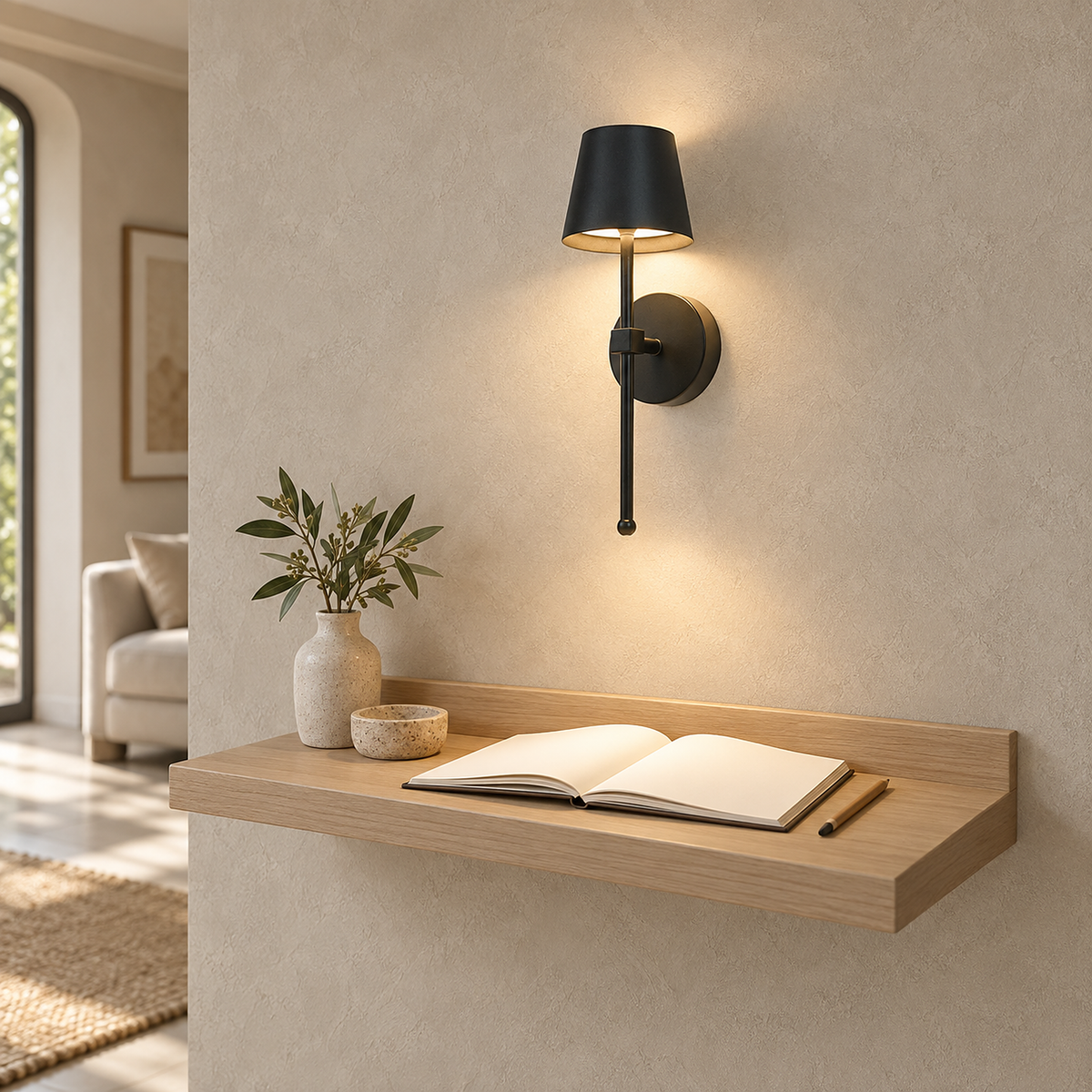 Loranno black bedside lamp casting neutral light on a library ledge in daylight