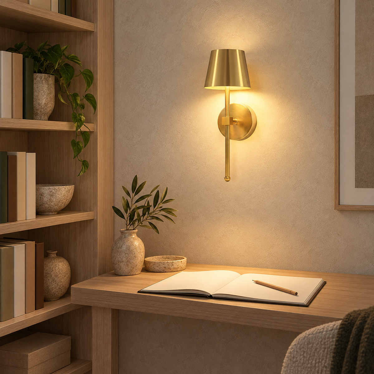 Loranno gold LED wall sconce lighting a sketchbook on a library ledge #color_gold