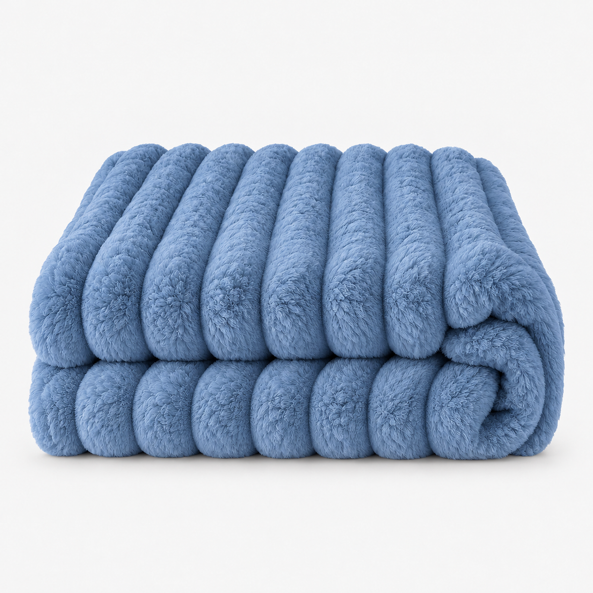 Lorimena blue coral fleece blanket loosely folded on a plain backdrop with stripes forming rounded ridges #color_blue
