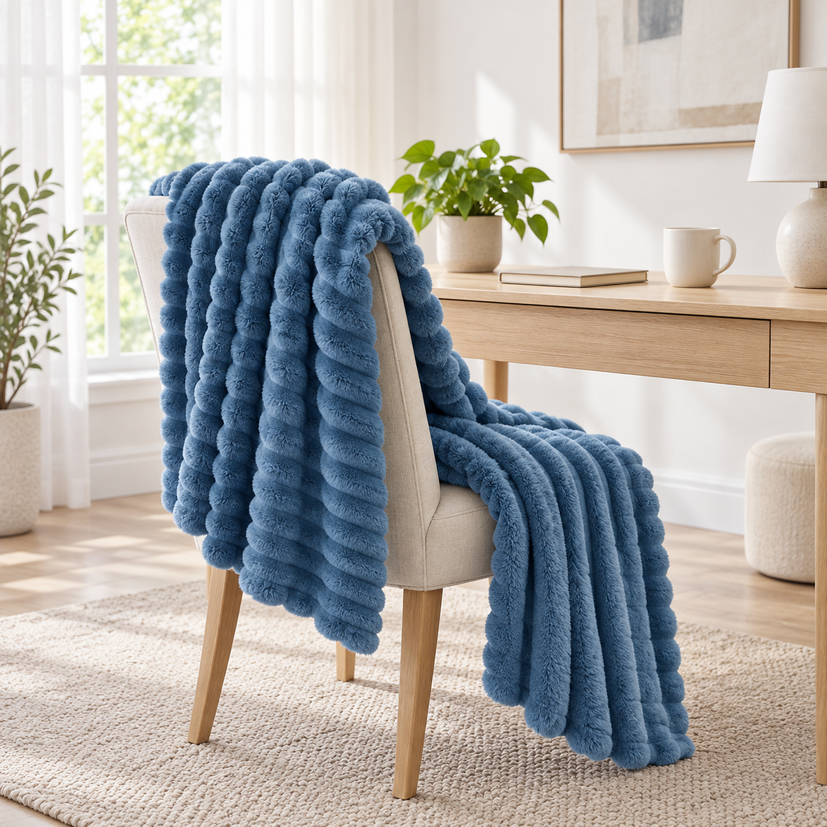 Lorimena blue fleece throw blanket draped over a writing chair in a quiet writing alcove #color_blue