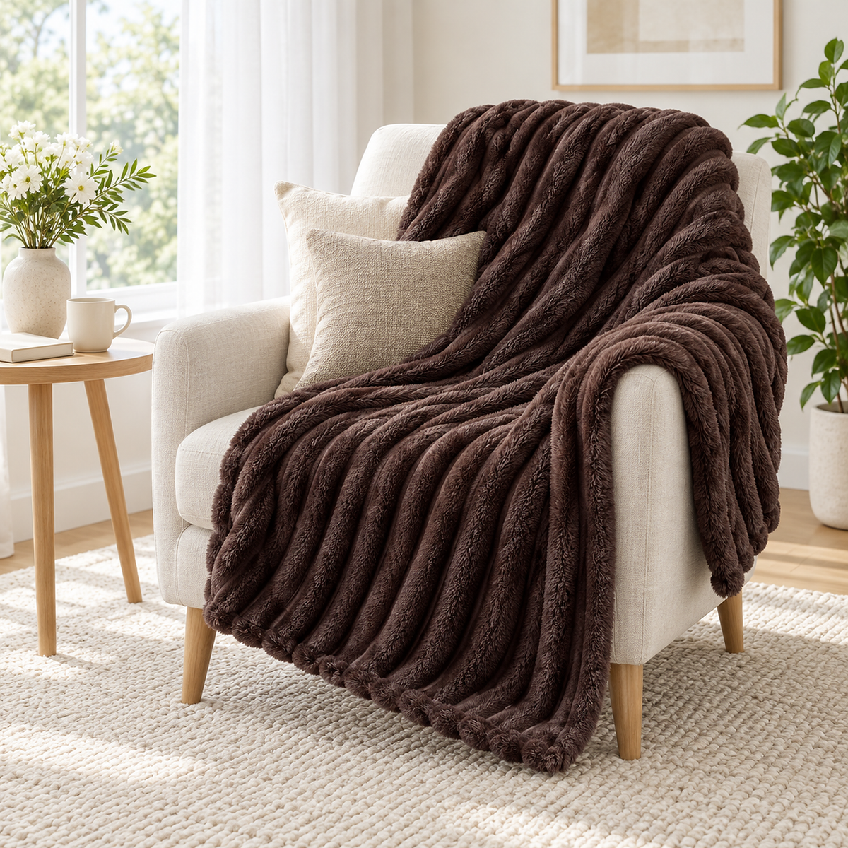 Lorimena brown coral fleece blanket draped over an ivory reading chair in a bright sitting nook #color_brown