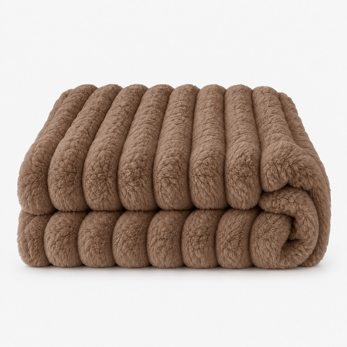 Lorimena brown coral fleece blanket folded on a seamless plain backdrop, showing its fuzzy striped texture #color_brown