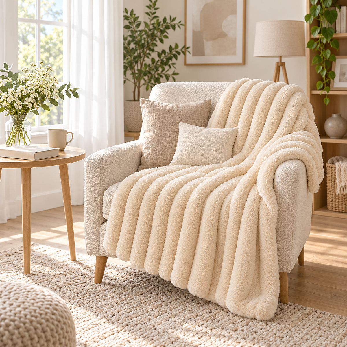 Lorimena cream coral fleece blanket draped on an armchair in a furnished study reading corner