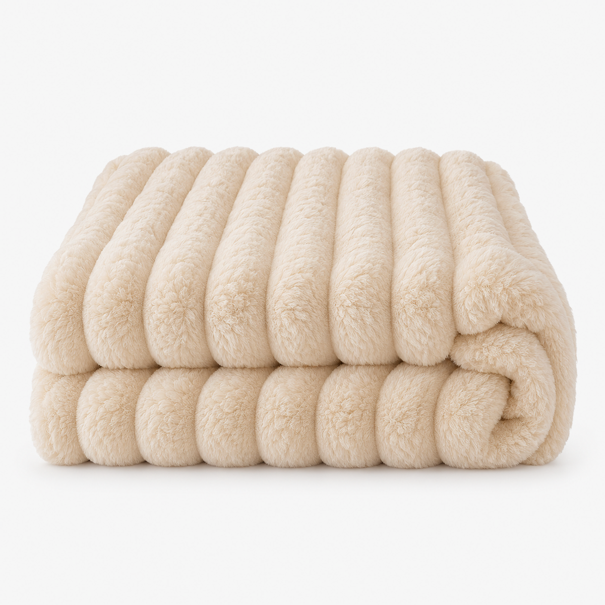 Lorimena cream coral fleece blanket loosely folded on a plain backdrop with broad fuzzy stripes