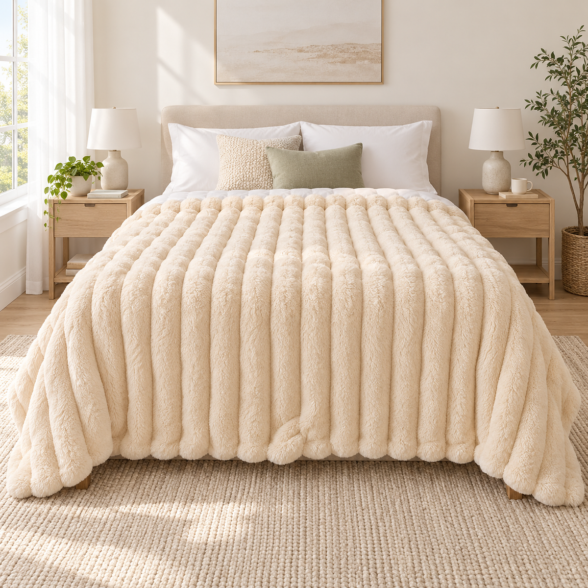 Lorimena cream coral fleece blanket spread across a bed with the sides dropping over the edges