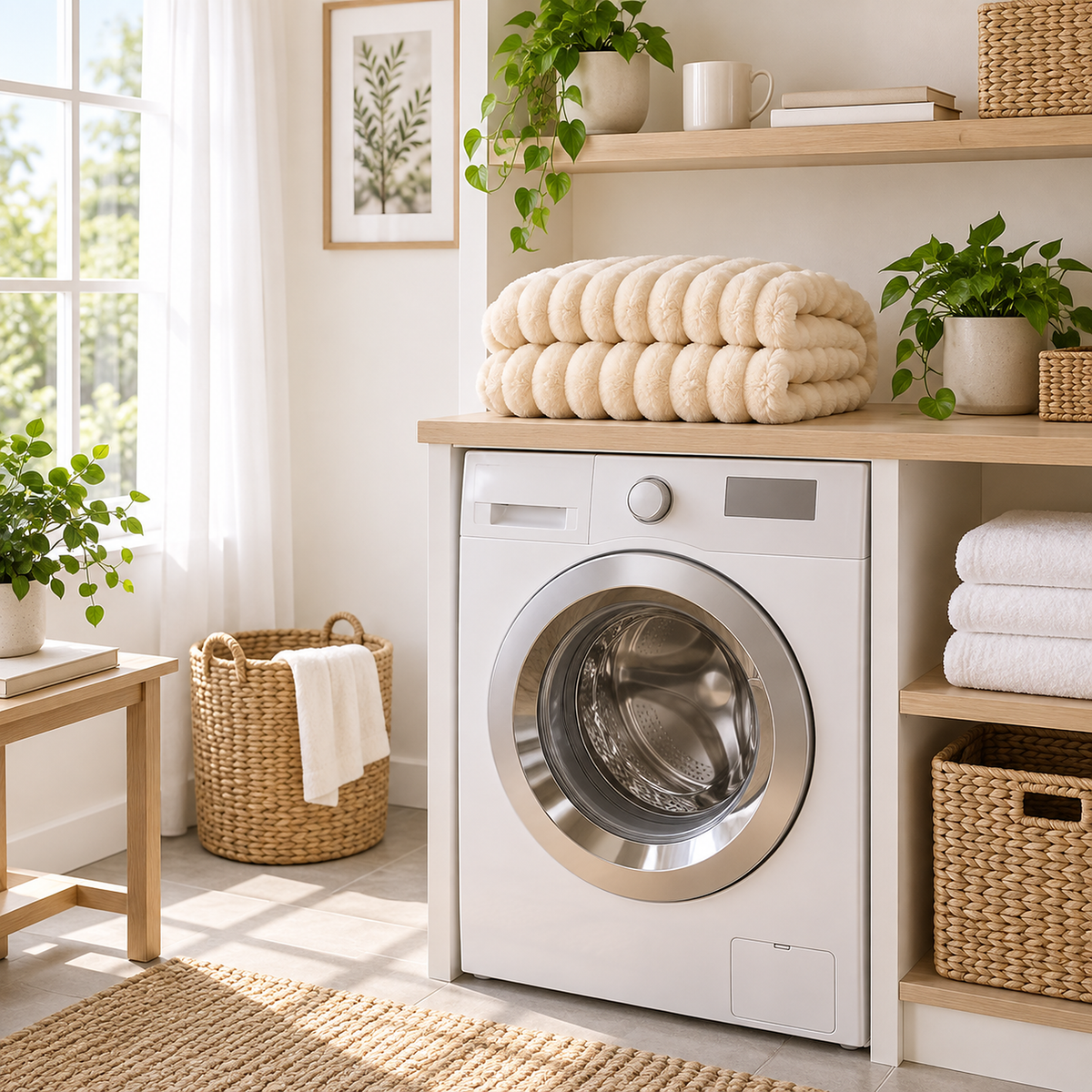 Lorimena cream fleece throw blanket folded on a shelf above a front loading washing machine, machine washable