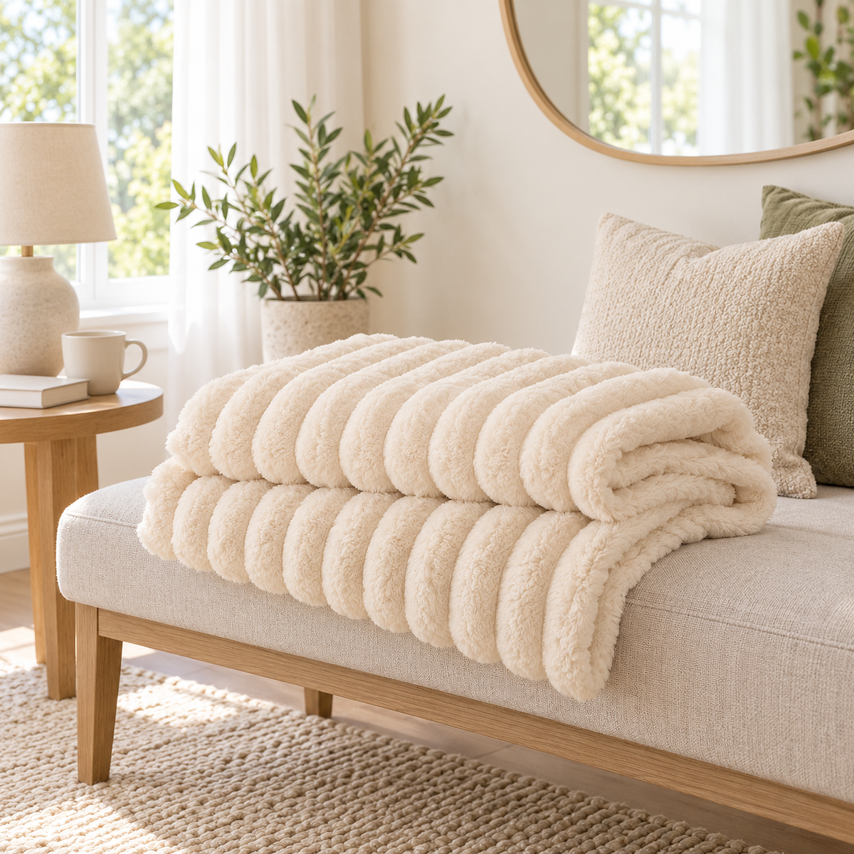 Lorimena cream soft throw blanket in loose folds on a dressing room bench with stripes forming rounded ridges