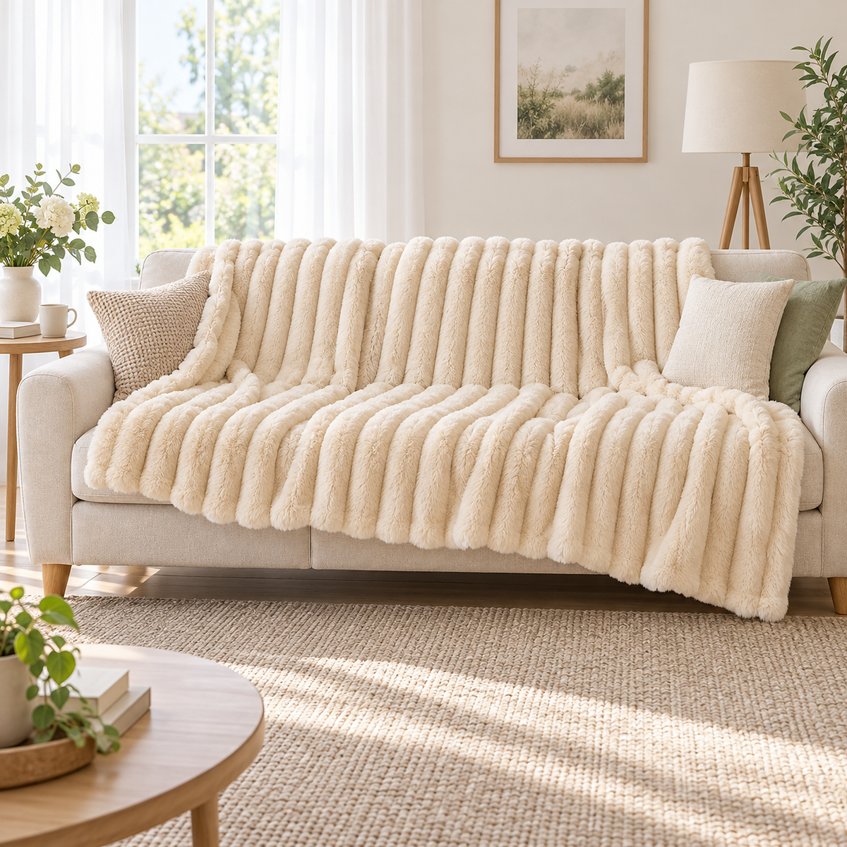 Lorimena cream throw blanket for couch spread across a three seat sofa in a bright living room