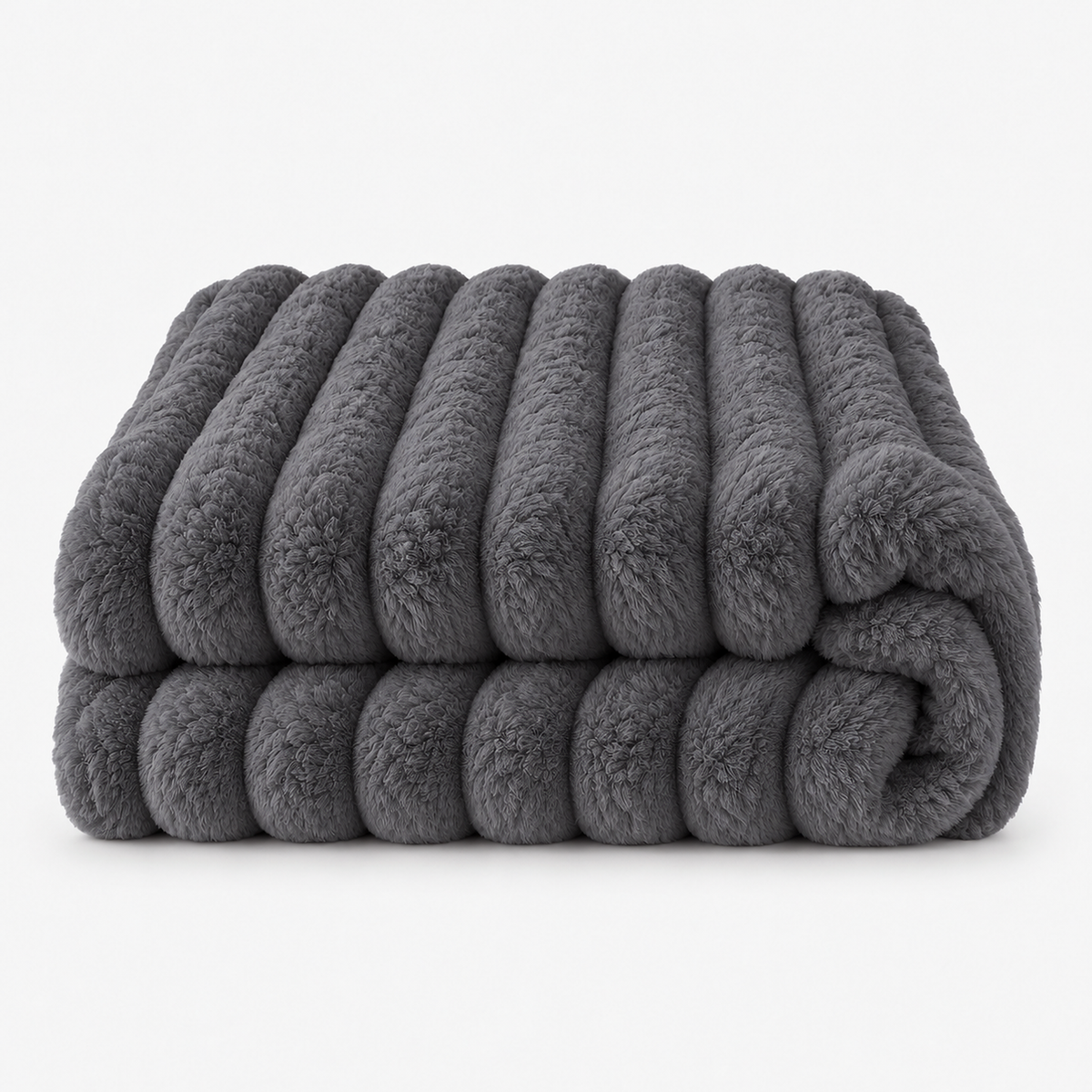 Lorimena dark gray coral fleece blanket loosely folded on a plain backdrop with broad fuzzy stripes #color_dark gray