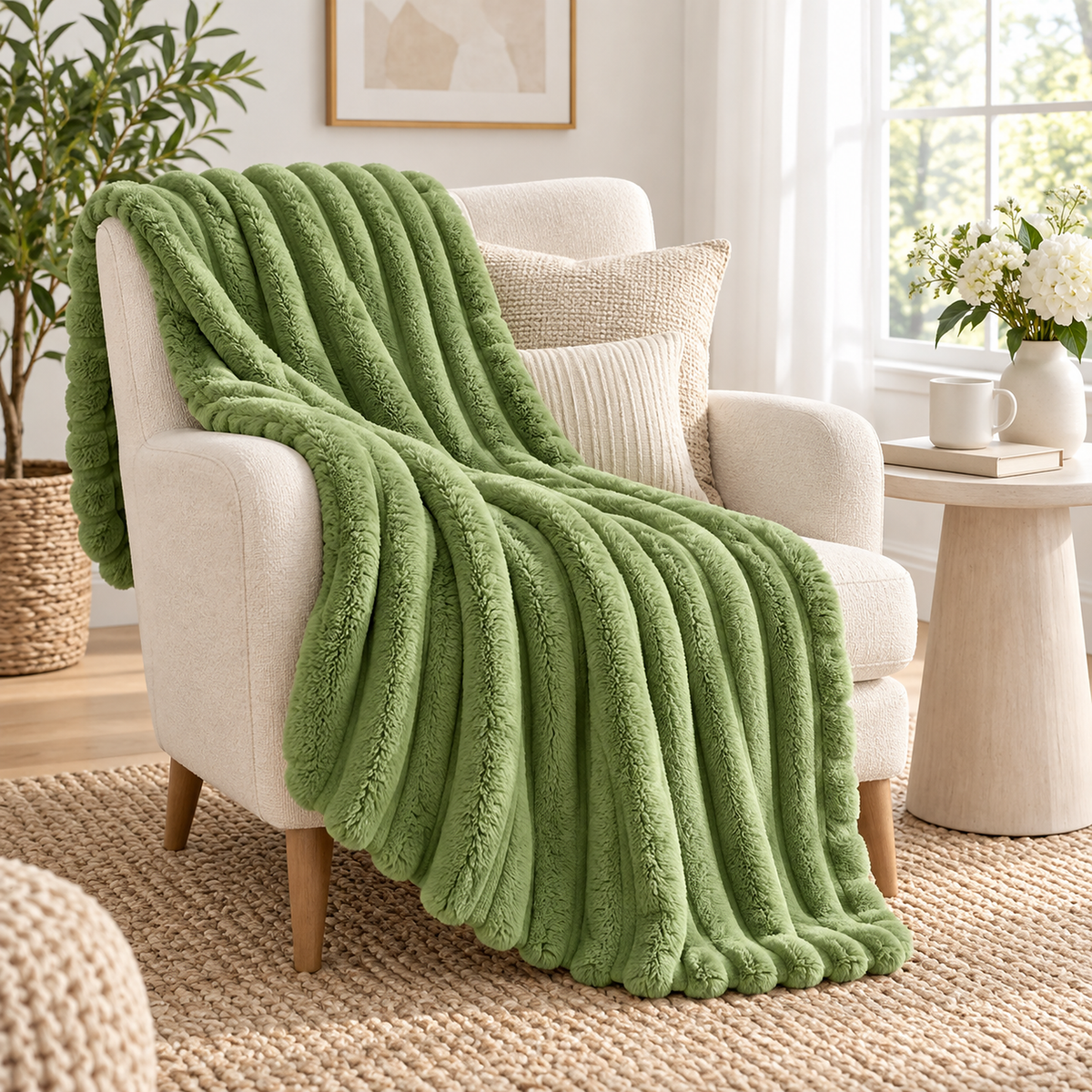 Lorimena green throw blanket draped over an ivory armchair in an indoor sunroom nook #color_green
