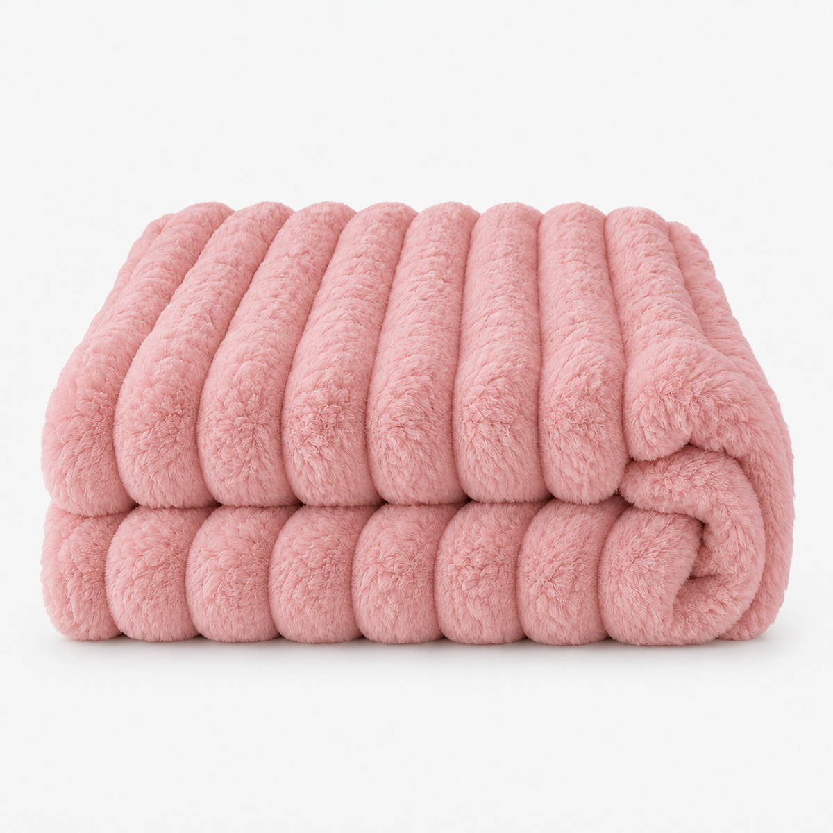 Lorimena pink coral fleece blanket folded on a seamless plain backdrop, showing broad fuzzy stripes #color_pink