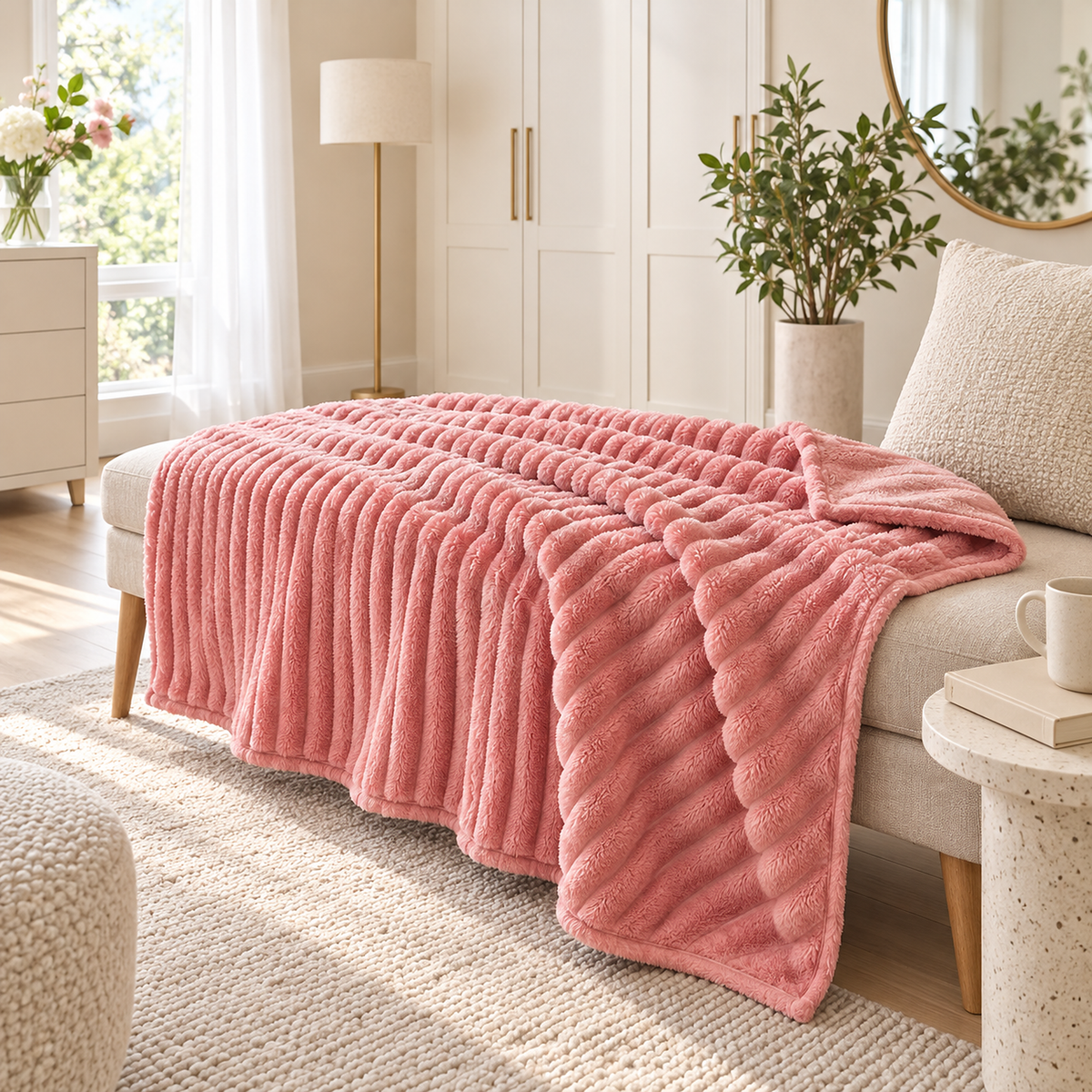 Lorimena pink fleece throw blanket opened over a dressing bench in a guest dressing alcove #color_pink