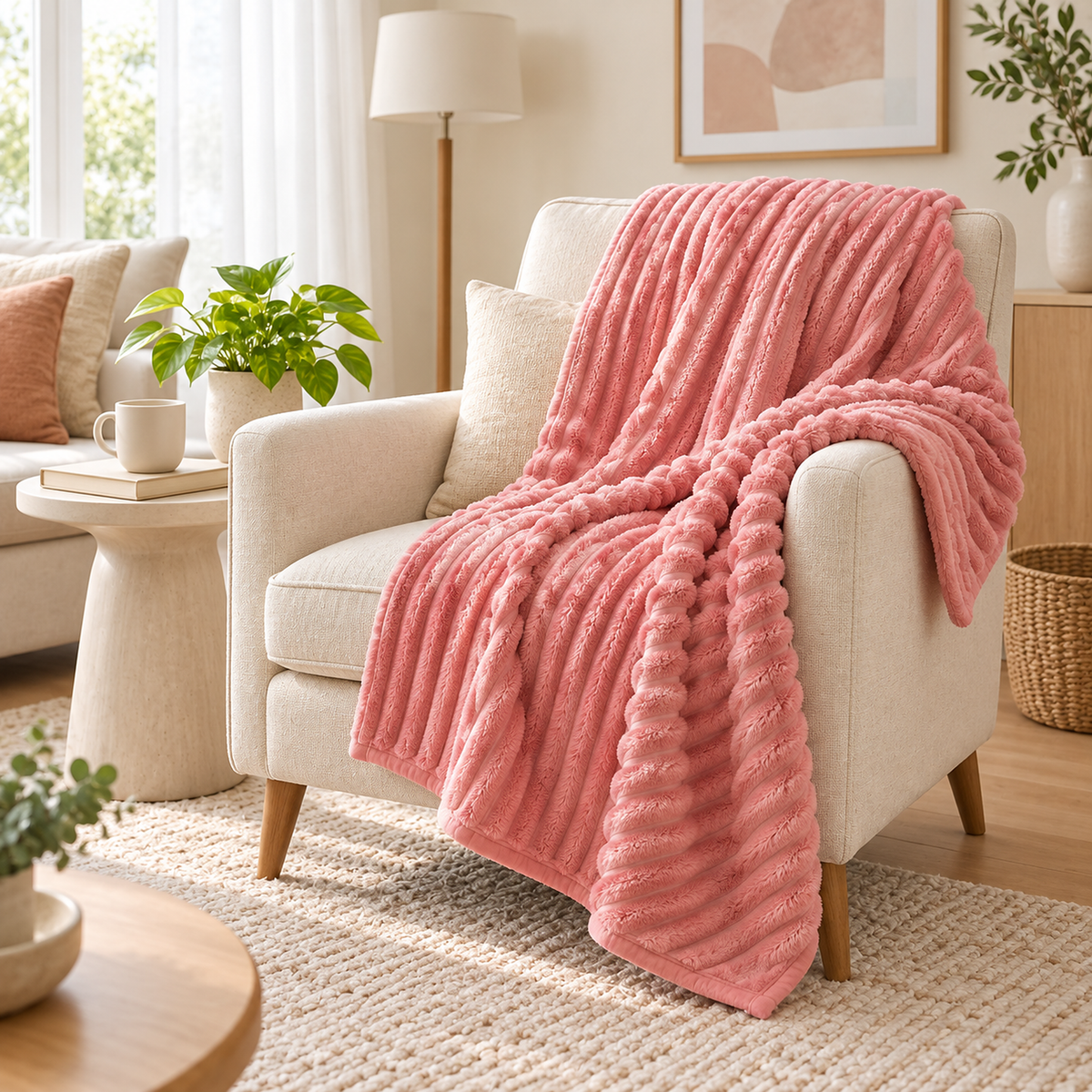 Lorimena pink soft throw blanket draped over an ivory armchair in a guest sitting room #color_pink